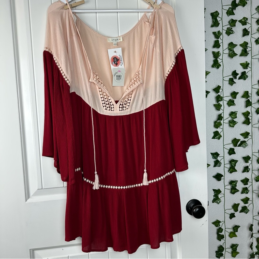 Umgee Gypsy soul bell Sleeve Red and pink cold shoulder tunic Dress size XL - Picture 2 of 8